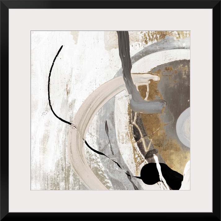 A Square abstract painting featuring shades of brown, black and white.