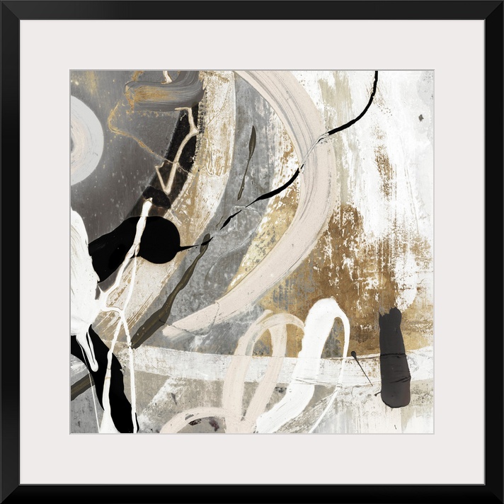A Square abstract painting featuring shades of brown, black and white.
