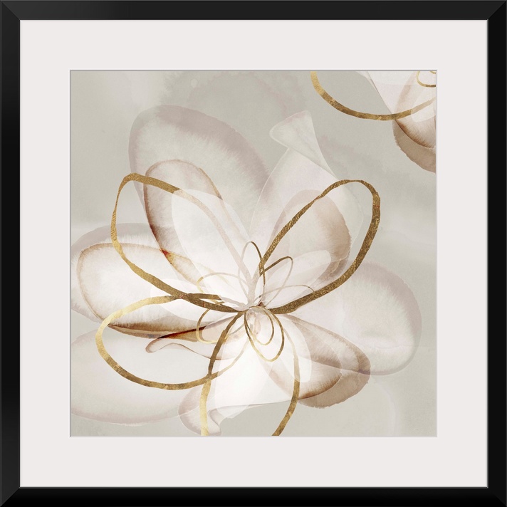 Abstract watercolor painting of flowers with gold accents.