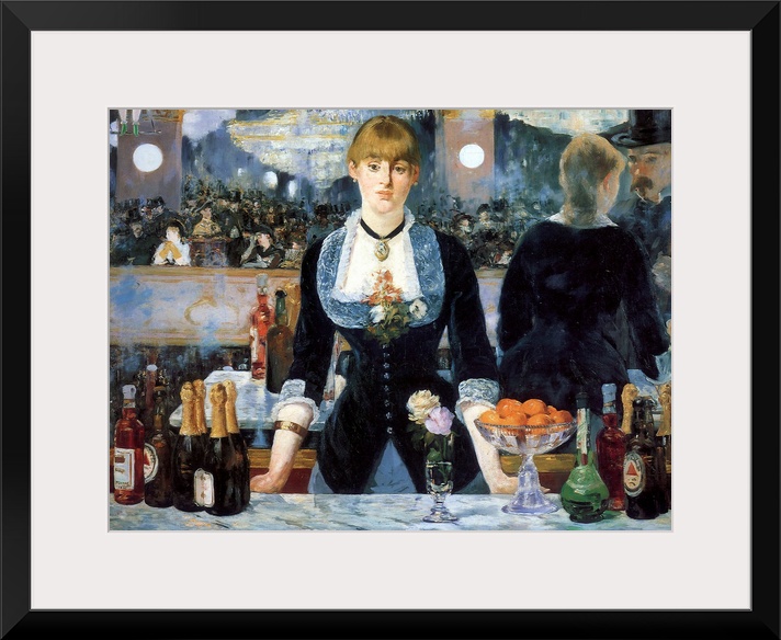 Painting of a waitress behind a counter covered with alcohol bottles with a mirror behind her showing a crowded restaurant.