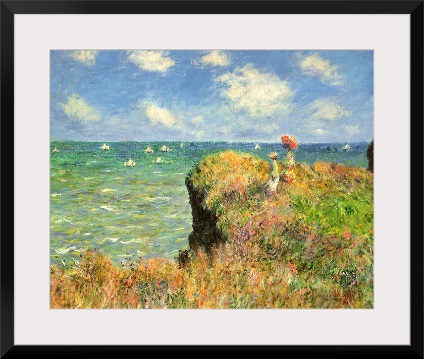 Painting of people on grassy cliff overlooking ocean full of sailboats under a cloudy sky.