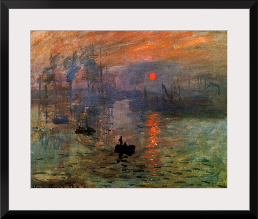 Impressionist painting on canvas of small boats traveling through a marina with larger boats in the background in the morn...