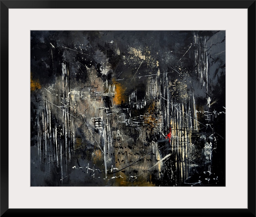 Abstract painting in dark shades of black, white and gray with splatters of paint overlapping and vertical lines.
