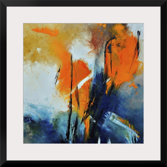 A square abstract painting with deep textured colors of orange and blue.