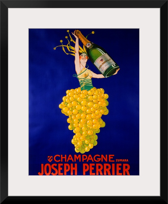 This large vintage poster shows a person in a bushel of grapes holding a large champagne bottle. Red text is printed below.