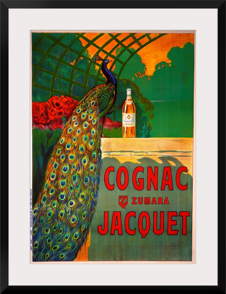 A vintage style poster of a peacock standing under a trellis with its foot perched on a bottle of liquor.