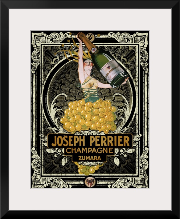 Vintage poster of a person holding up a life size bottle of champagne as they stand in a bushel of grapes.