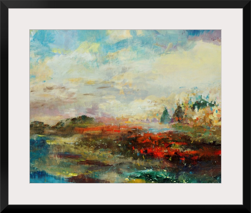 Abstracted landscape painting with a cityscape on the horizon.