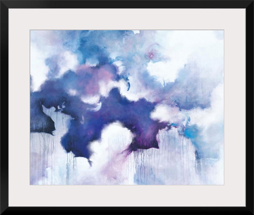 Abstract contemporary painting in blue and purple tones, resembling a cloudy sky.