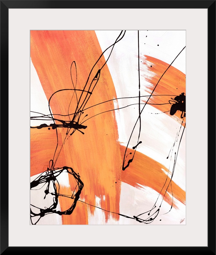 Abstract modern art featuring colored thick and thin line streaks on a neutral background.
