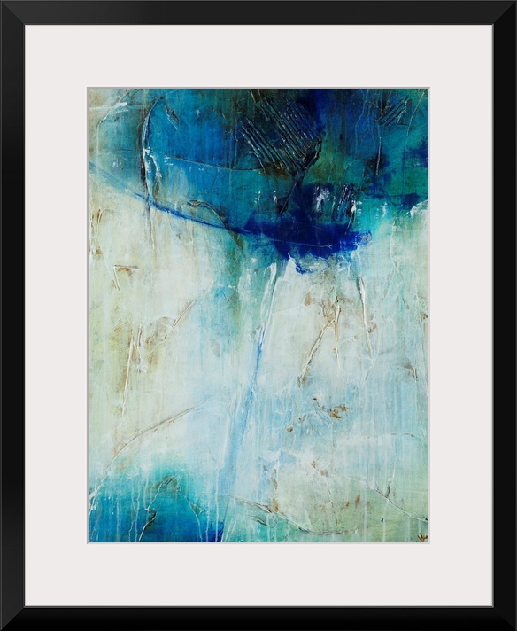 Abstract art of a large mass of cool colors at the top, with a single line of blue that leads downward toward a smaller ma...