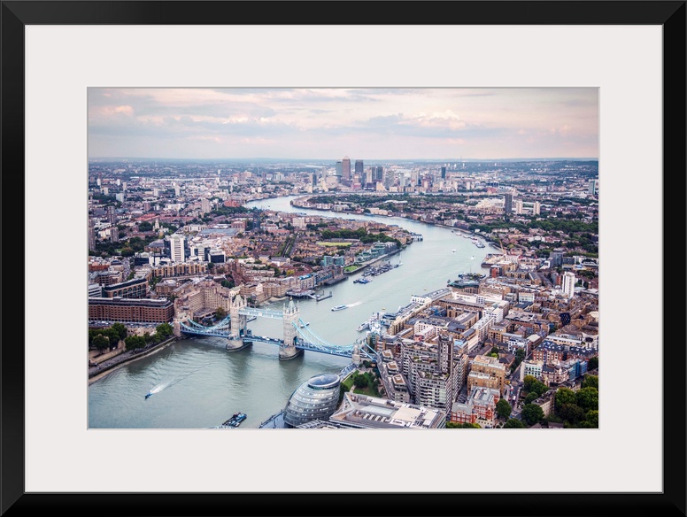 Aerial view of River Thames and Tower Bridge in London, England.