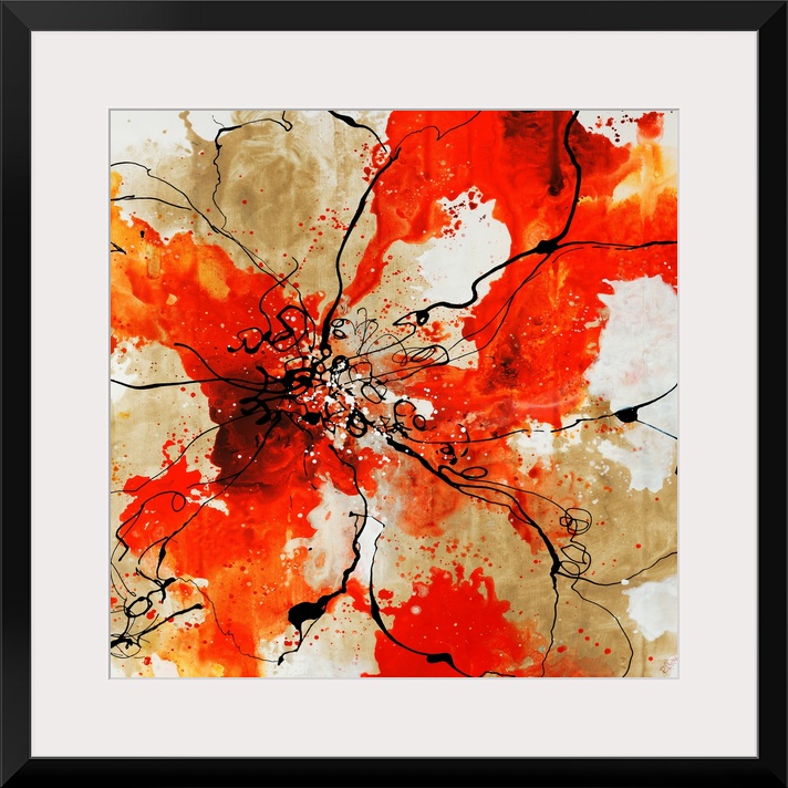 Outline of flower over a watercolor background painting in various shades of red and orange.