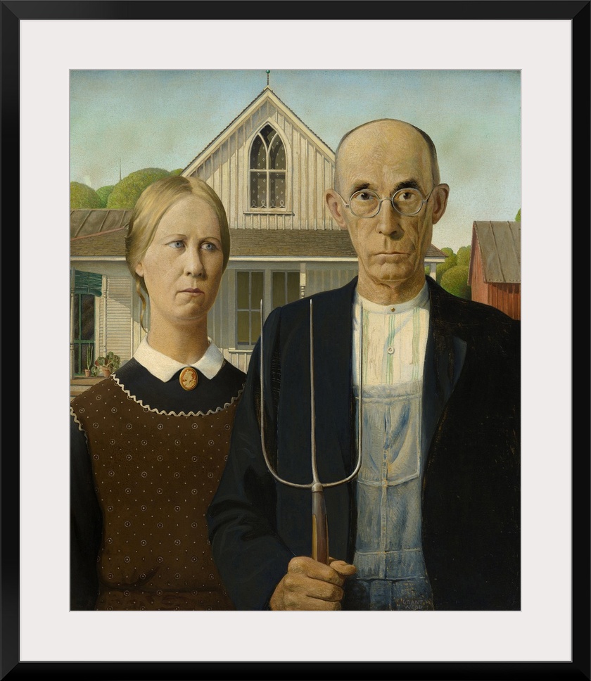 American Gothic, 1930 (originally oil on beaver board) by Wood, Grant (1891-1942).