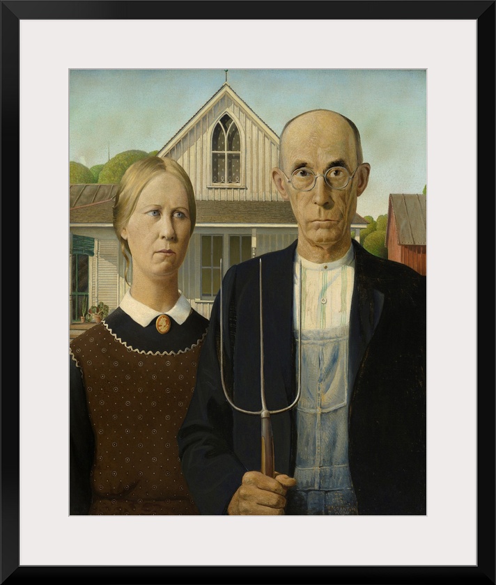 American Gothic, 1930 (originally oil on beaver board) by Wood, Grant (1891-1942).