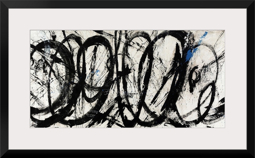 An abstract piece of artwork that has swirls of black paint throughout the panoramic print.