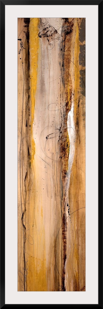 Vertical long canvas painting with abstract lines and wood grain texture.