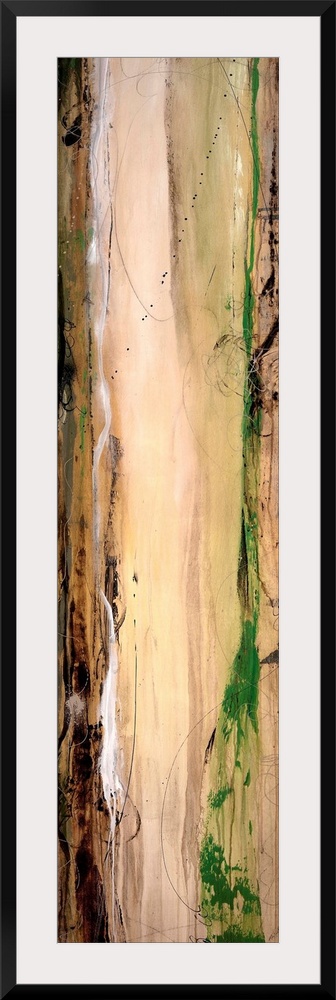 Panoramic abstract art incorporates the use of earth tones and lots of vertical lines that illicit movement as someone loo...