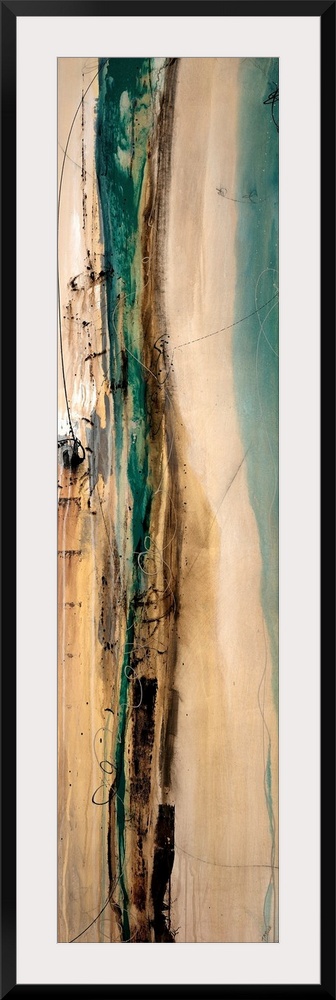 Panoramic abstract art incorporates sets of vertical rectangles and lines to illicit movement in this piece. Artist uses m...