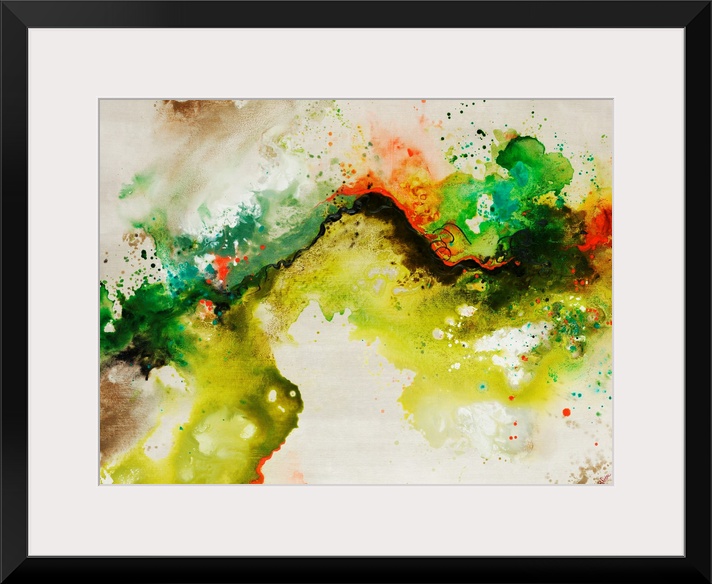 Abstract painting of a fluid green line over a neutral background adorned with multi-color paint splatters.