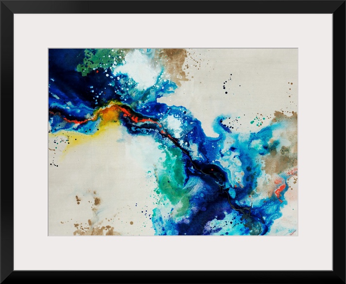 Abstract painting of a fluid blue line over a neutral background adorned with multi-color paint splatters.