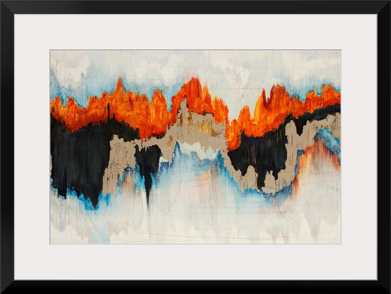 Contemporary abstract painting with jagged bright orange, tan, black and light blue lines over a cream background.