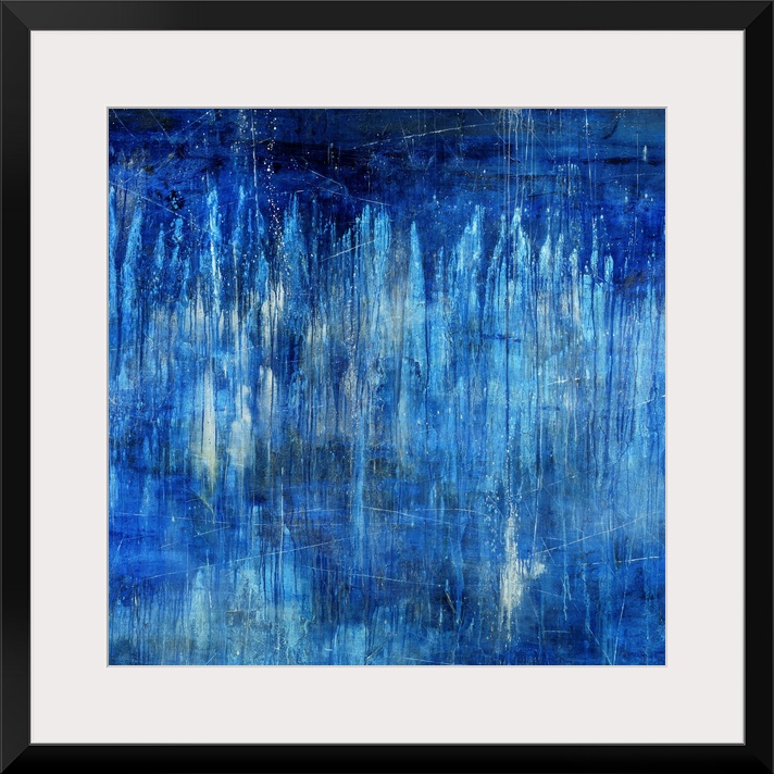 Big, landscape, abstract painting in blue tones of light vertical streaks in transitioning blue tones on a darker backgrou...