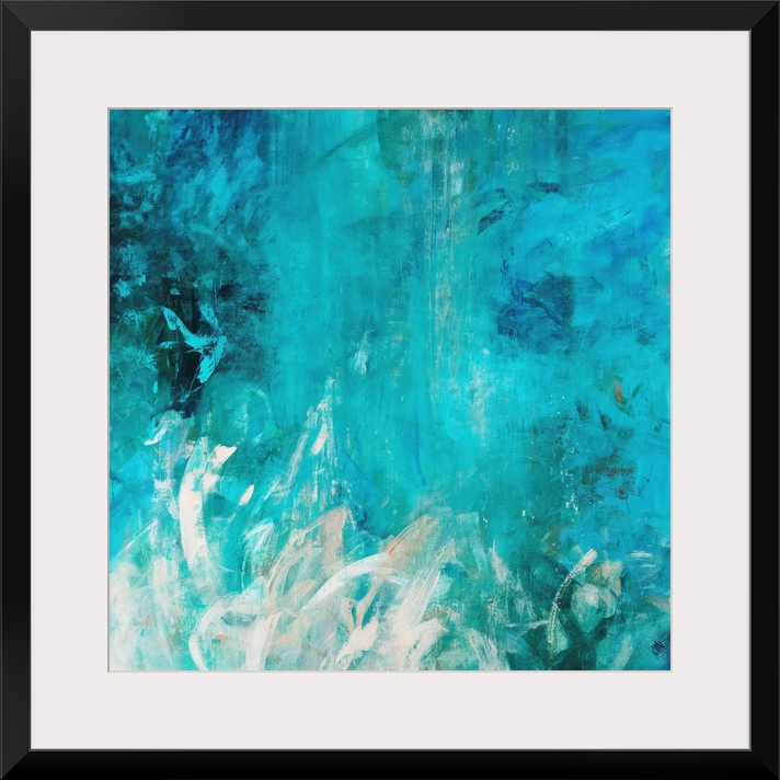 Contemporary abstract painting with cool colored brush strokes varying in length and direction.