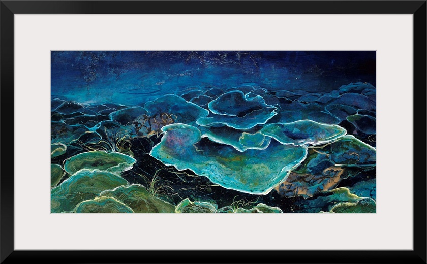 Contemporary underwater scene done in vibrant blue and green shades.