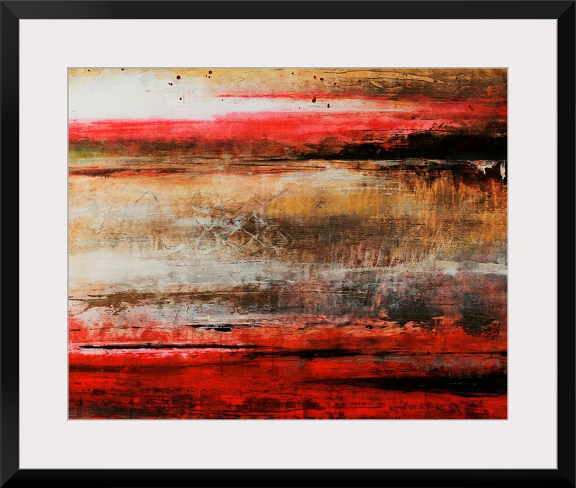 Abstract artwork painted with rich scarlet red and rich brown tones.