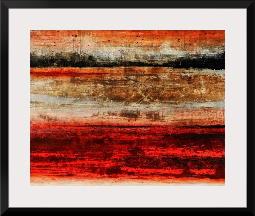 Abstract artwork painted with rich scarlet red and rich brown tones.