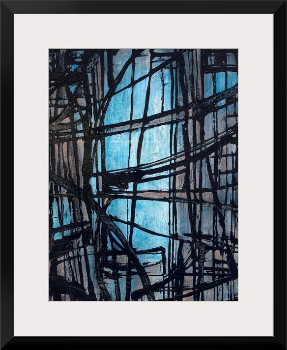 Portrait, oversized, abstract art of rough, dark lines, intersecting in various directions on a light colored background.