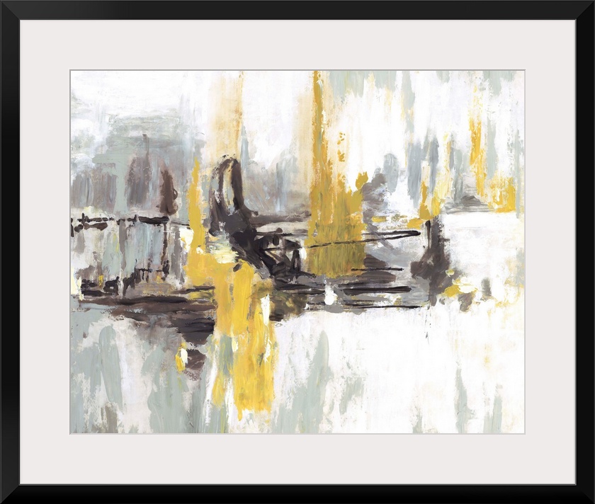 Contemporary abstract artwork in black and white embellished with bright yellow areas.