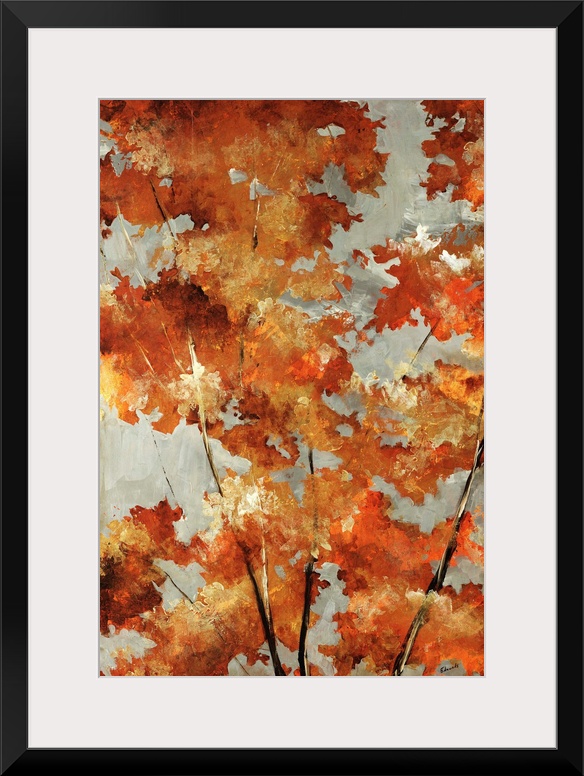 Painting of autumn leaves in varying fall shades from metallic gold to bright orange to burnt sienna.