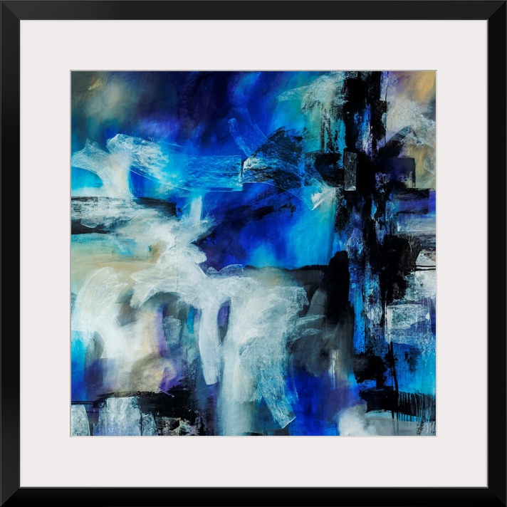 Abstract artwork painted with bright blue tones underneath thick black and white brushstrokes.