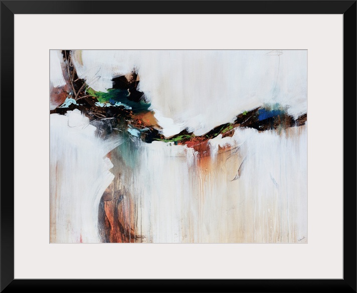 Earthly tones cut through the middle of ivory tones in this abstract painting.