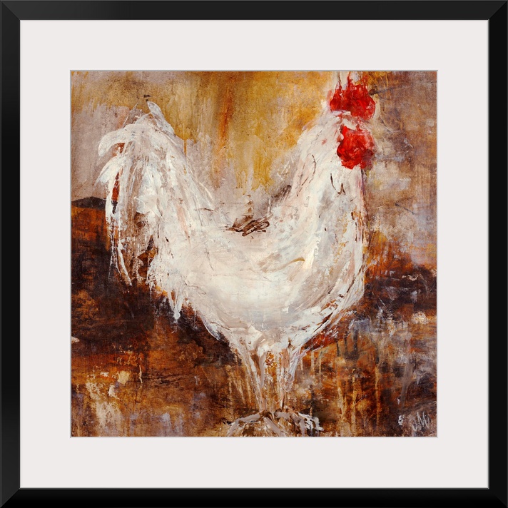 Contemporary painting of chicken up close against a dark background. The image is created using sloppy brush strokes with ...