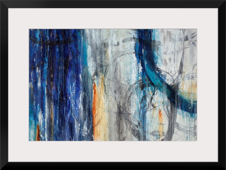 Abstract artwork painted with muted grays and darker blue tones.