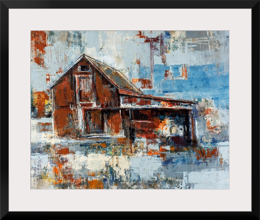 Abstracted artwork of a barn painted with rust colored browns that contrast beautifully with cool blue and gray tones.