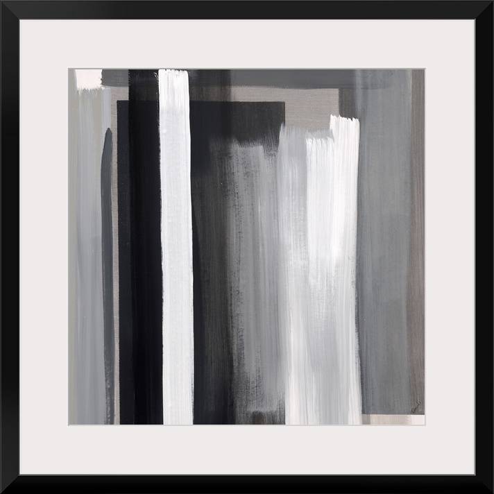 Abstract artwork of layered color blocks in white and black.