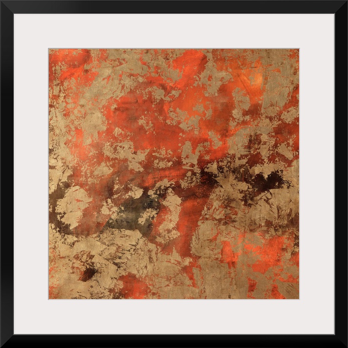 Warm color abstract art of brilliant colors peeking through a worn golden surface.