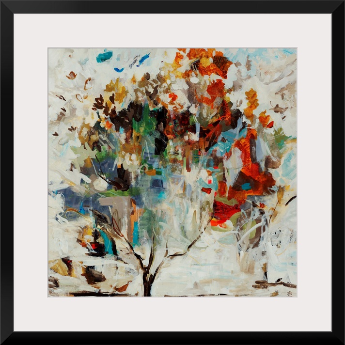 Contemporary painting of a single tree with vibrant leaves and branches, on a background filled with multicolored patches ...