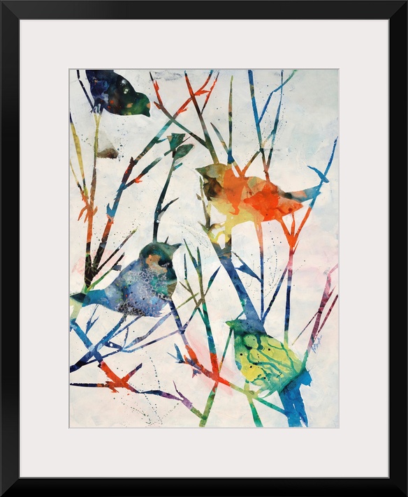 Contemporary art of four multicolored birds perched on bare tree branches that are vibrantly colored also.