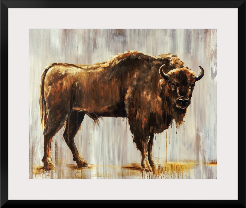 Contemporary portrait of a bison in front of a gray-streaked background.