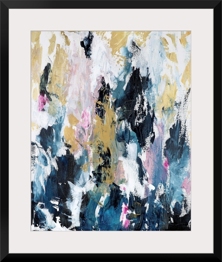 Vertical complementary abstract in short, textured, vertical strokes of blue, pink and gold.