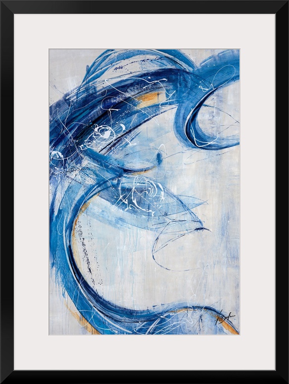 Contemporary painting of energetic blue brushstrokes that sweep over this vertical composition and its light gray background.