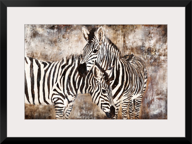 Contemporary portrait of two zebras embracing in front of an earth-toned background.