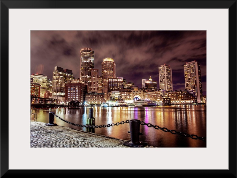 Photo of Boston city skyline and waterfront from the view of the Harborwalk.