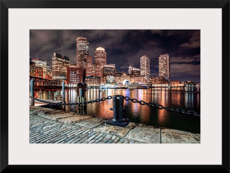 Photo of Boston city skyline and waterfront from the view of the Harborwalk.