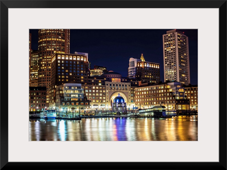 View of Boston city skyscrapers and the Marina at Rowes Wharf.